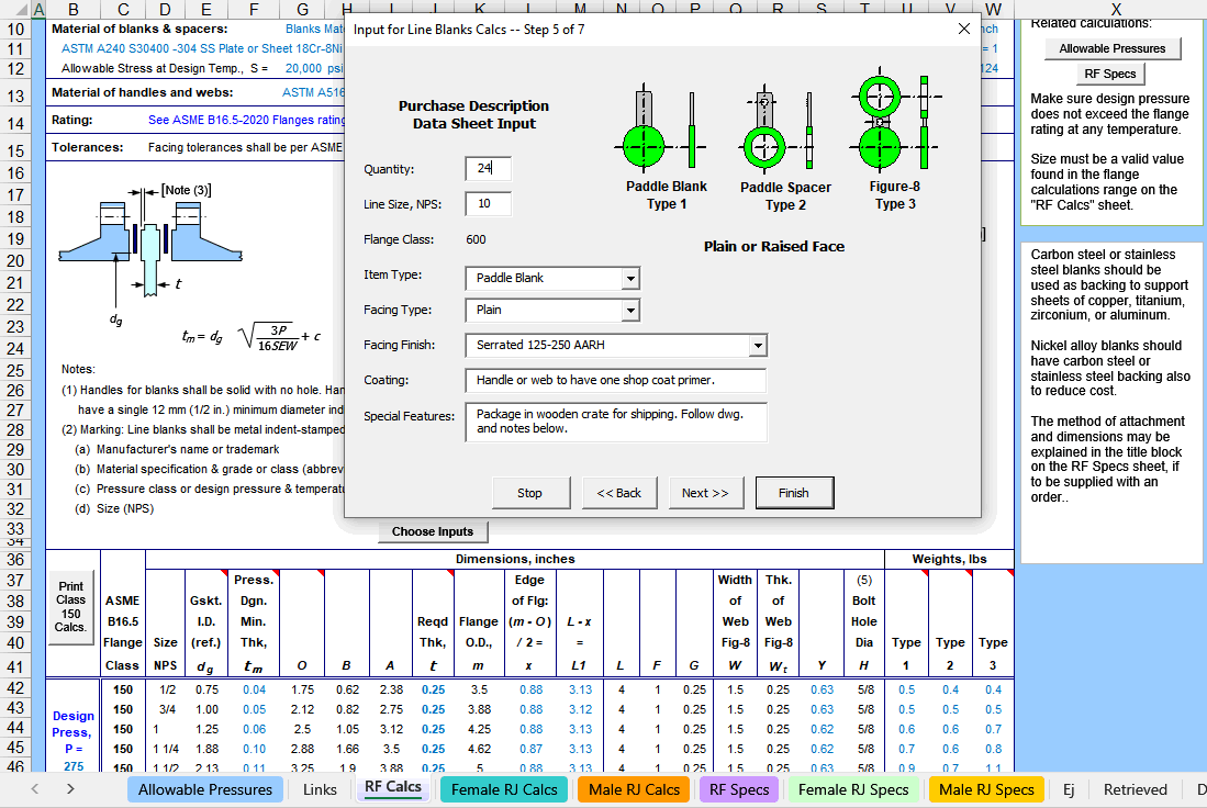 Link to Line Blanks, Spacers, Orifices screen shot.